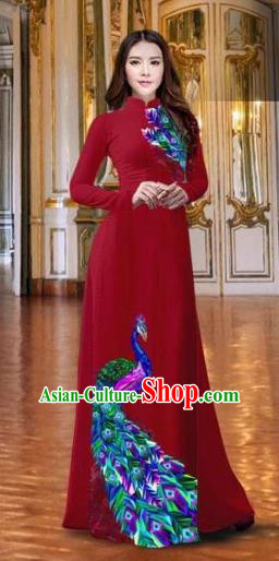 Traditional Top Grade Asian Vietnamese Costumes Classical Printing Peacock Wine Red Full Dress, Vietnam National Ao Dai Dress Catwalks Debutante Qipao for Women