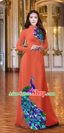 Traditional Top Grade Asian Vietnamese Costumes Classical Printing Peacock Orange Full Dress, Vietnam National Ao Dai Dress Catwalks Debutante Qipao for Women