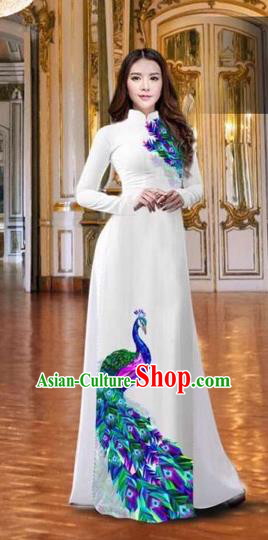 Traditional Top Grade Asian Vietnamese Costumes Classical Printing Peacock White Full Dress, Vietnam National Ao Dai Dress Catwalks Debutante Qipao for Women