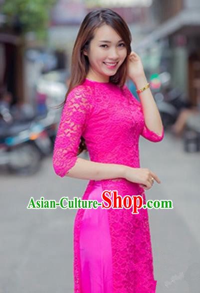 Traditional Top Grade Asian Vietnamese Costumes Classical Lace Full Dress and Loose Pants, Vietnam National Ao Dai Dress Rosy Qipao for Women