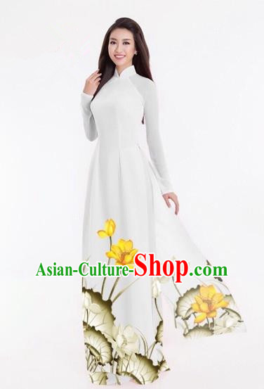 Traditional Top Grade Asian Vietnamese Costumes Classical Printing Lotus Full Dress, Vietnam National Ao Dai Dress Catwalks White Qipao for Women
