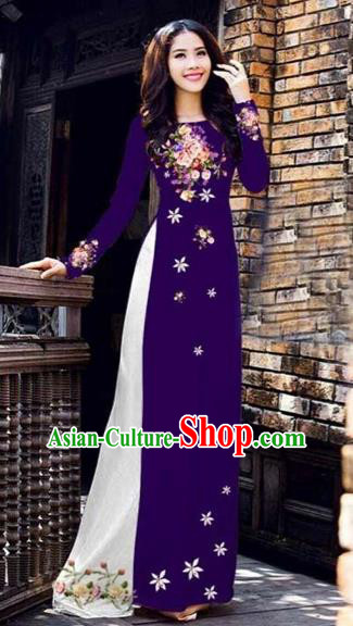 Traditional Top Grade Asian Vietnamese Costumes Classical Printing Peony Pattern Full Dress, Vietnam National Ao Dai Dress Catwalks Deep Purple Qipao for Women
