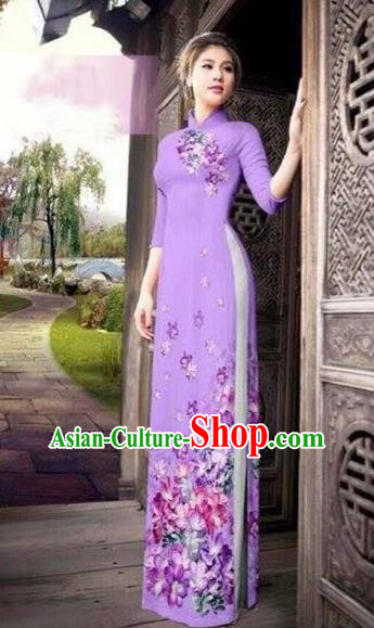 Traditional Top Grade Asian Vietnamese Costumes Classical Printing Flowers Silk Full Dress, Vietnam National Ao Dai Dress Catwalks Lilac Qipao for Women
