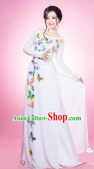 Traditional Top Grade Asian Vietnamese Costumes Classical Printing Butterfly Full Dress and Loose Pants, Vietnam National Ao Dai Dress White Qipao for Women