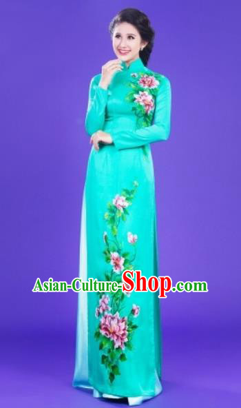 Traditional Top Grade Asian Vietnamese Costumes Classical Painting Flowers Full Dress, Vietnam National Ao Dai Dress Catwalks Blue Qipao for Women