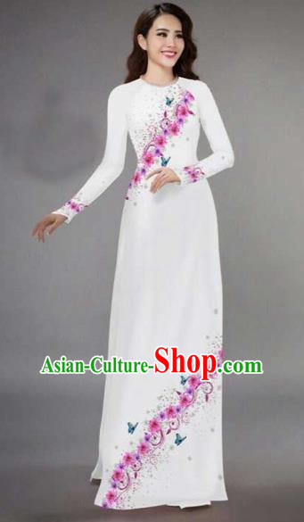 Traditional Top Grade Asian Vietnamese Costumes Classical Printing Full Dress, Vietnam National Ao Dai Dress Catwalks White Qipao for Women