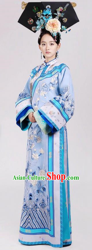 Traditional Chinese Ancient Qing Dynasty Imperial Princess Costume and Headpiece Complete Set, Above The Clouds Chinese Mandarin Robes Manchu Nobility Embroidered Clothing for Women