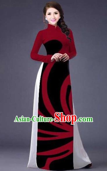 Traditional Top Grade Asian Vietnamese Costumes Classical Stripe Printing Full Dress, Vietnam National Ao Dai Dress Catwalks Wine Red Qipao for Women