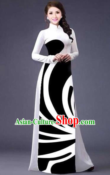 Traditional Top Grade Asian Vietnamese Costumes Classical Stripe Printing Full Dress, Vietnam National Ao Dai Dress Catwalks White Qipao for Women