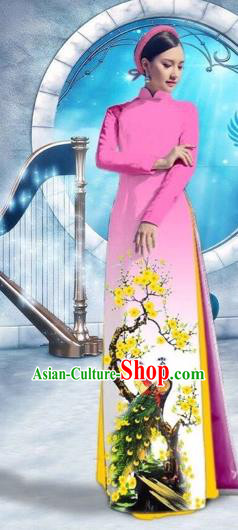 Traditional Top Grade Asian Vietnamese Costumes Classical Printing Peacock Full Dress, Vietnam National Ao Dai Dress Catwalks Debutante Pink Qipao for Women