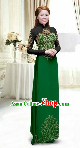 Traditional Top Grade Asian Vietnamese Costumes Classical Printing Full Dress, Vietnam National Ao Dai Dress Catwalks Debutante Lace Green Qipao for Women