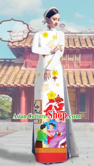Traditional Top Grade Asian Vietnamese Costumes Classical Printing White Full Dress, Vietnam National Ao Dai Dress Catwalks Debutante Happy New Year Qipao for Women