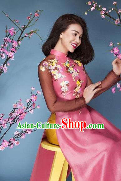 Traditional Top Grade Asian Vietnamese Costumes Classical Printing Peach Blossom Full Dress, Vietnam National Ao Dai Dress Catwalks Debutante Bride Pink Qipao for Women