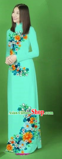 Traditional Top Grade Asian Vietnamese Costumes Classical Printing Flower Full Dress, Vietnam National Ao Dai Dress Blue Cheongsam for Women