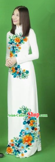 Traditional Top Grade Asian Vietnamese Costumes Classical Printing Flower Full Dress, Vietnam National Ao Dai Dress White Cheongsam for Women