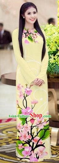 Traditional Top Grade Asian Vietnamese Costumes Classical Printing Peach Blossom Princess Full Dress, Vietnam National Ao Dai Dress Beige Cheongsam for Women