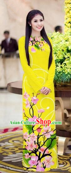 Traditional Top Grade Asian Vietnamese Costumes Classical Printing Peach Blossom Princess Full Dress, Vietnam National Ao Dai Dress Yellow Cheongsam for Women