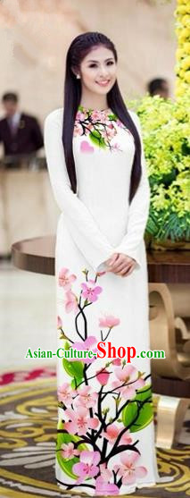 Traditional Top Grade Asian Vietnamese Costumes Classical Printing Peach Blossom Princess Full Dress, Vietnam National Ao Dai Dress White Cheongsam for Women
