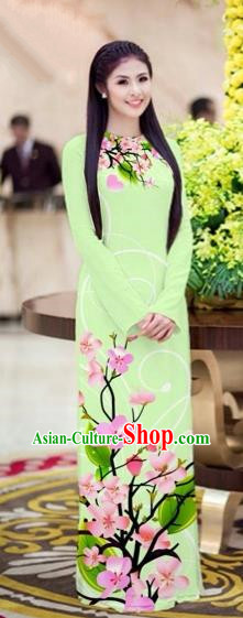 Traditional Top Grade Asian Vietnamese Costumes Classical Printing Peach Blossom Princess Full Dress, Vietnam National Ao Dai Dress Light Green Cheongsam for Women