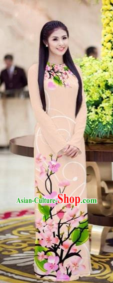 Traditional Top Grade Asian Vietnamese Costumes Classical Printing Peach Blossom Princess Full Dress, Vietnam National Ao Dai Dress Khaki Cheongsam for Women