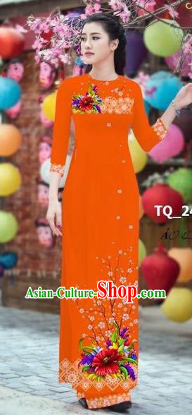 Traditional Top Grade Asian Vietnamese Costumes Classical 3D Printing Bride Full Dress, Vietnam National Ao Dai Dress Orange Cheongsam for Women