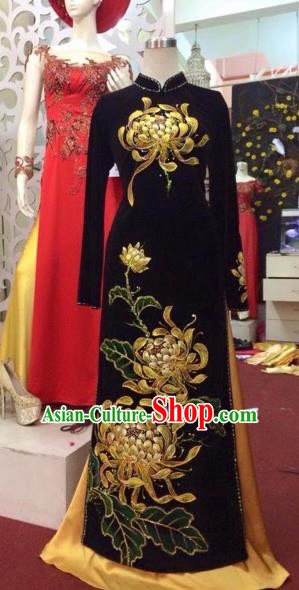 Traditional Top Grade Asian Vietnamese Costumes Classical Embroidery Chrysanthemum Full Dress Dance Cothing, Vietnam National Ao Dai Dress Catwalks Debutante Qipao for Women