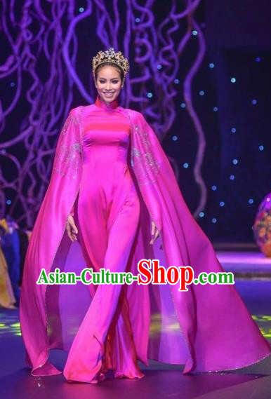 Traditional Top Grade Asian Vietnamese Costumes Classical Full Dress with Cloak, Vietnam National Ao Dai Dress Catwalks Debutante Pink Qipao for Women