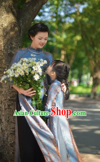 Traditional Top Grade Asian Vietnamese Costumes Classical Grey Full Dress, Vietnam National Ao Dai Dress Mother-daughter Qipao for Women for Kids