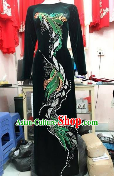 Traditional Top Grade Asian Vietnamese Costumes Classical Manual Embroider Full Dress, Vietnam National Ao Dai Dress Catwalks Debutante Pleuche Qipao for Women