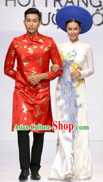 Traditional Top Grade Asian Vietnamese Costumes Classical Wedding Bride Full Dress, Vietnam National Ao Dai Dress Catwalks Debutante Qipao for Women