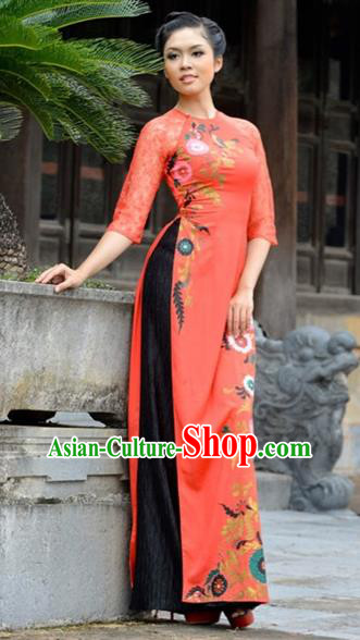 Traditional Top Grade Asian Vietnamese Costumes Classical Princess Ink Painting Full Dress, Vietnam National Ao Dai Dress Watermelon Red Cheongsam for Women