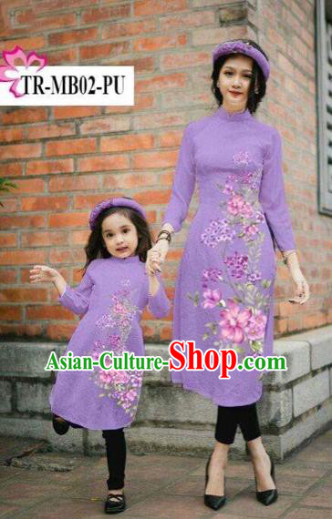 Traditional Top Grade Asian Vietnamese Costumes Classical Printing Cheongsam, Vietnam National Ao Dai Dress Parent-child Purple Full Dress for Women for Kids