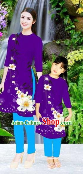 Traditional Top Grade Asian Vietnamese Costumes Classical Printing Flowers Purple Full Dress, Vietnam National Ao Dai Dress Mother-daughter Cheongsam for Women for Kids