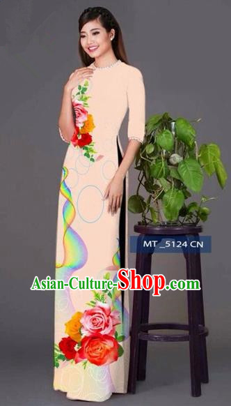 Traditional Top Grade Asian Vietnamese Costumes Classical Princess Printing Cheongsam, Vietnam National Ao Dai Dress Beige Full Dress for Women