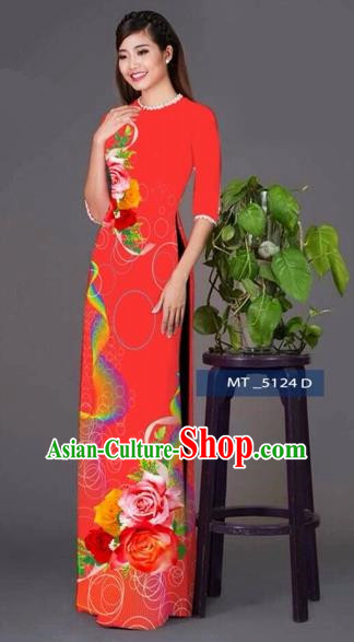 Traditional Top Grade Asian Vietnamese Costumes Classical Princess Printing Cheongsam, Vietnam National Ao Dai Dress Red Full Dress for Women