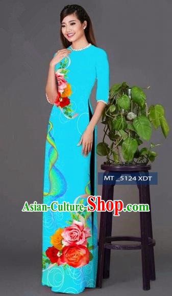 Traditional Top Grade Asian Vietnamese Costumes Classical Princess Printing Cheongsam, Vietnam National Ao Dai Dress Blue Full Dress for Women