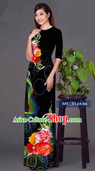 Traditional Top Grade Asian Vietnamese Costumes Classical Princess Printing Cheongsam, Vietnam National Ao Dai Dress Black Full Dress for Women