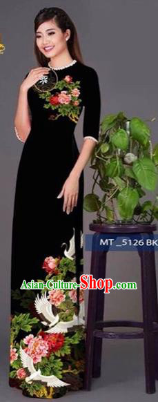 Traditional Top Grade Asian Vietnamese Costumes Classical Princess Printing Peony Flowers Cheongsam, Vietnam National Ao Dai Dress Black Full Dress for Women