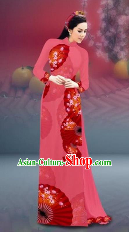 Traditional Top Grade Asian Vietnamese Costumes Classical New Year Printing Cheongsam, Vietnam National Pink Ao Dai Dress for Women
