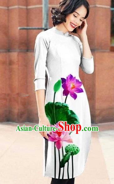 Traditional Top Grade Asian Vietnamese Costumes Classical Printing Lotus Cheongsam, Vietnam National White Short Ao Dai Dress for Women