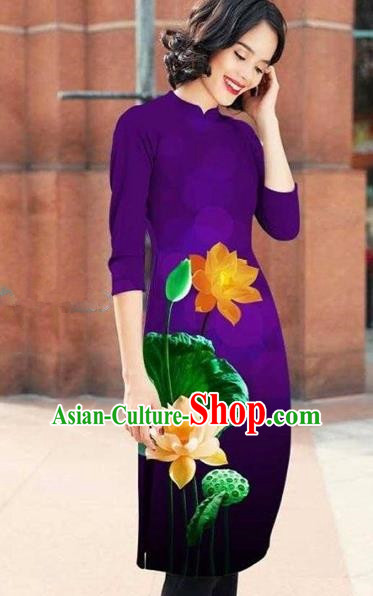 Traditional Top Grade Asian Vietnamese Costumes Classical Printing Lotus Cheongsam, Vietnam National Purple Short Ao Dai Dress for Women