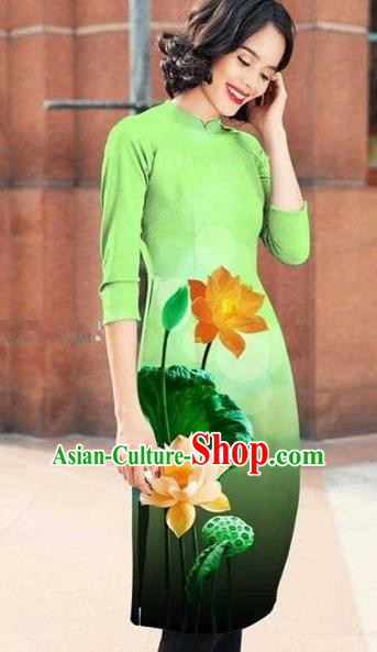 Traditional Top Grade Asian Vietnamese Costumes Classical Printing Lotus Cheongsam, Vietnam National Light Green Short Ao Dai Dress for Women