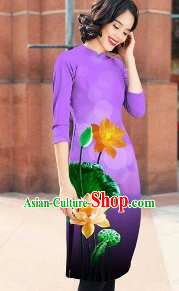 Traditional Top Grade Asian Vietnamese Costumes Classical Printing Lotus Cheongsam, Vietnam National Light Violet Short Ao Dai Dress for Women