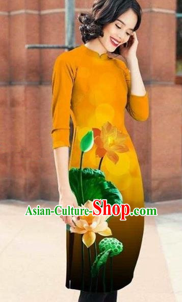 Traditional Top Grade Asian Vietnamese Costumes Classical Printing Lotus Cheongsam, Vietnam National Ginger Short Ao Dai Dress for Women