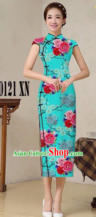 Traditional Top Grade Chinese Costumes Classical Catwalks Printing Princess Cheongsam, China National Blue Chi-pao Dress for Women