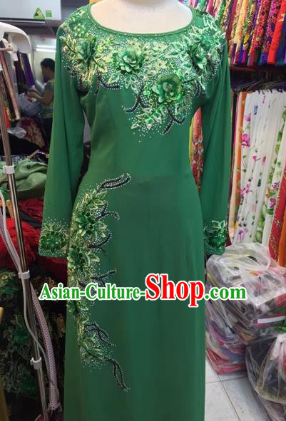 Traditional Top Grade Asian Vietnamese Costumes Classical Catwalks Embroidery Cheongsam, Vietnam National Green Ao Dai Dress for Women