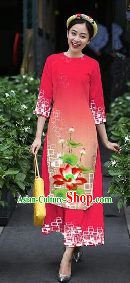 Traditional Top Grade Asian Vietnamese Costumes Classical Catwalks Printing Lotus Cheongsam, Vietnam National Red Ao Dai Dress for Women