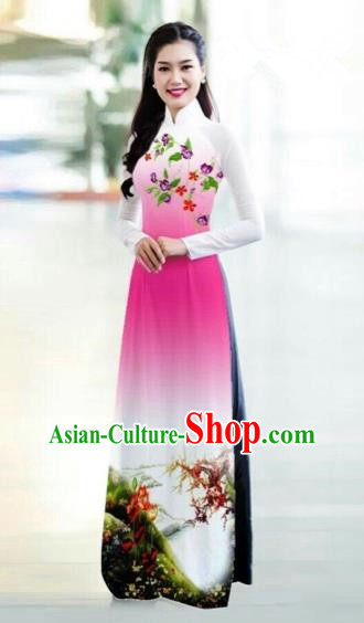 Traditional Top Grade Asian Vietnamese Costumes Classical Printing Bride Toast Cheongsam, Vietnam National Princess Pink Ao Dai Dress for Women