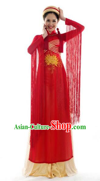 Traditional Top Grade Asian Vietnamese Costumes Classical Bride Wedding Toast Cheongsam, Vietnam National Red Ao Dai Dress for Women