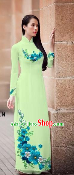 Traditional Top Grade Asian Vietnamese Costumes Classical Princess Printing Flowers Cheongsam, Vietnam National Ao Dai Dress Light Green Full Dress for Women